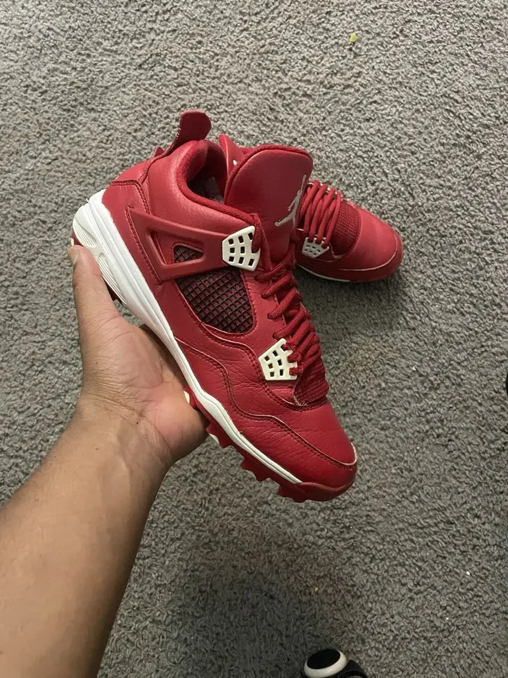 Size 9.5- Air Jordan 4 Retro MCS Cleats Gym Red Oklahoma State Temple 807709 601